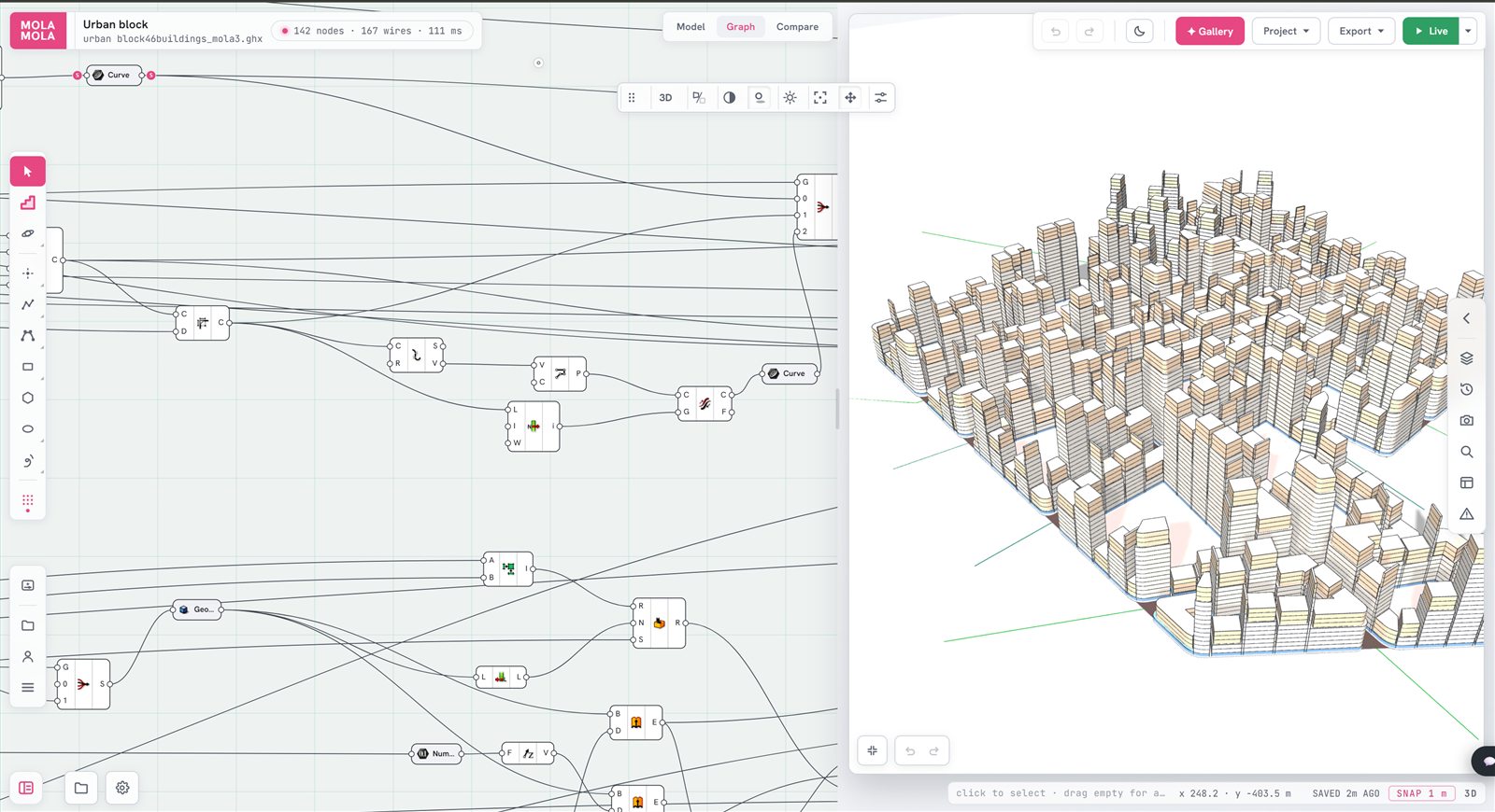 The graph editor and the 3-D model side by side: edit a node on the left, the geometry updates on the right