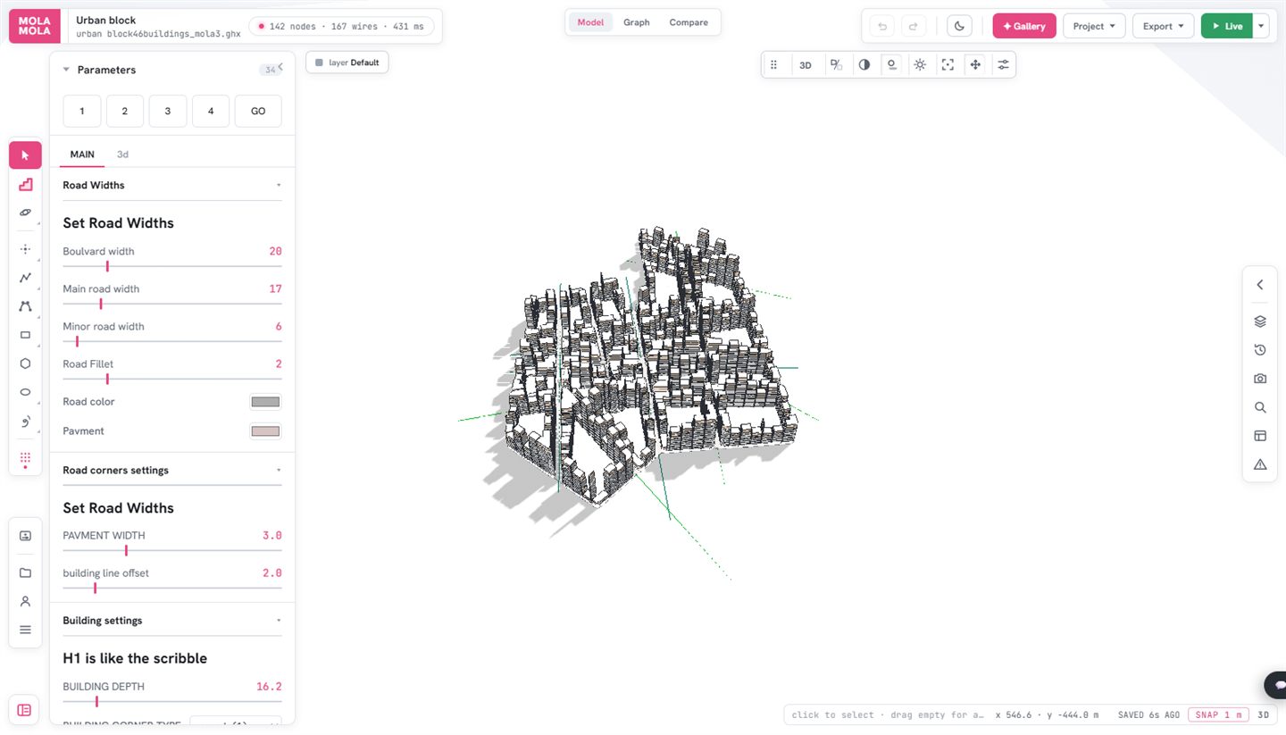An urban block definition solved in the browser, parcels, roads and massing, with its parameters down the left