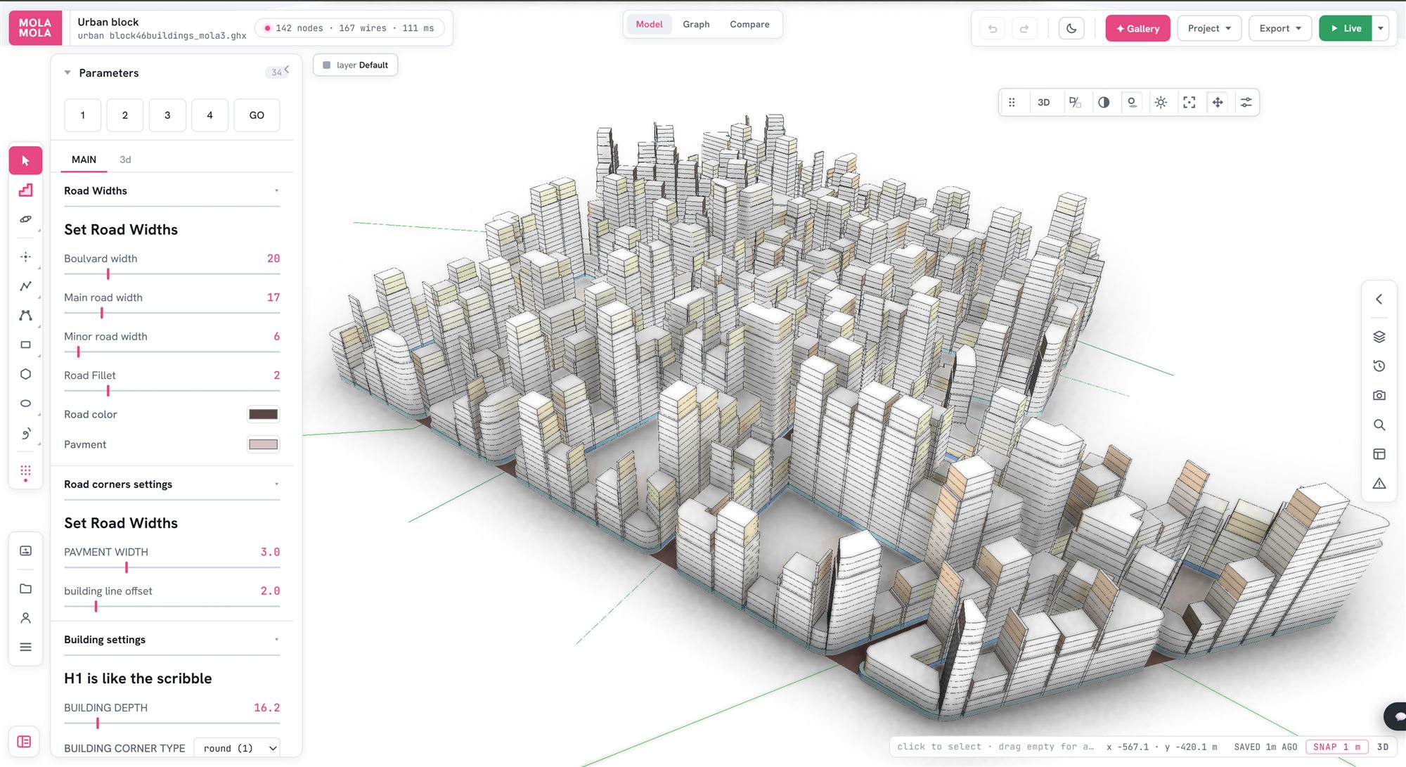 An urban block definition solved live in the browser, 142 nodes, with its parameters down the left